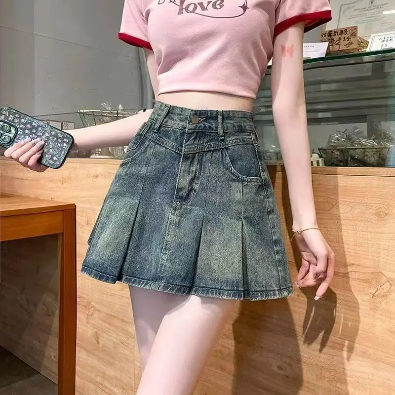 

2024 Summer New Pleated Denim Senior Sense Retro High Waisted Slimming Spice Girl Small Skirts Fashion Trendy Straight Jeans