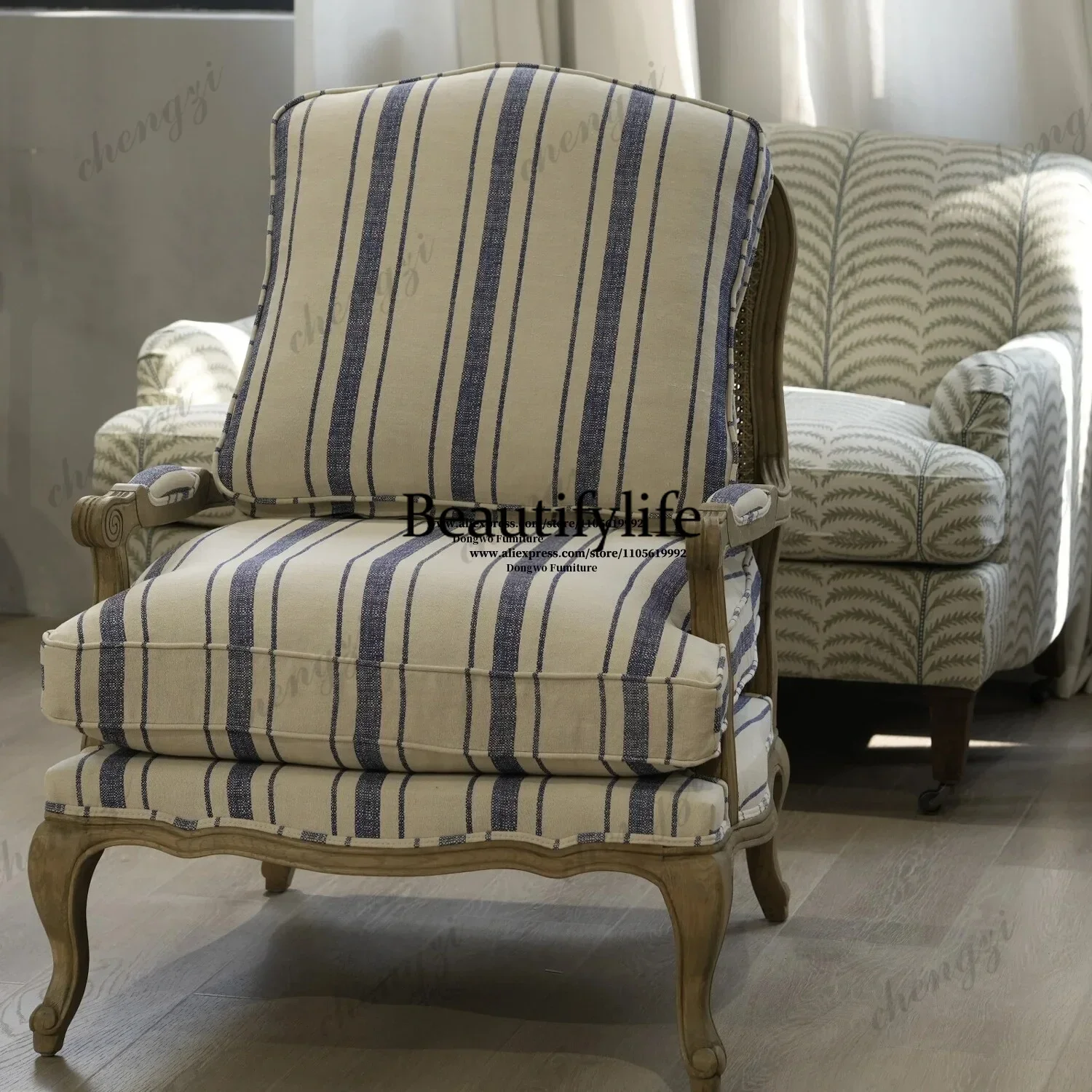 132 French retro striped linen single sofa chair, solid wood rattan leisure armchair, American countryside living room tiger cha