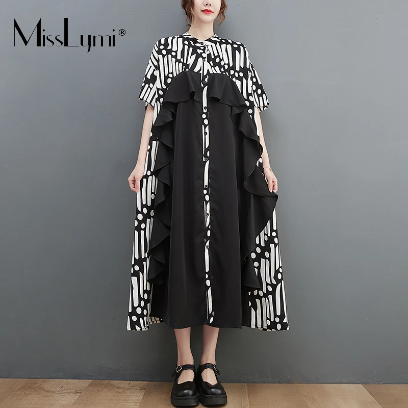 

MissLymi 2022 Large Size Summer Women Short Sleeve Casual Loose Print Ruffle Patchwork Chiffon Shirt Mid Long Dresses Ladies