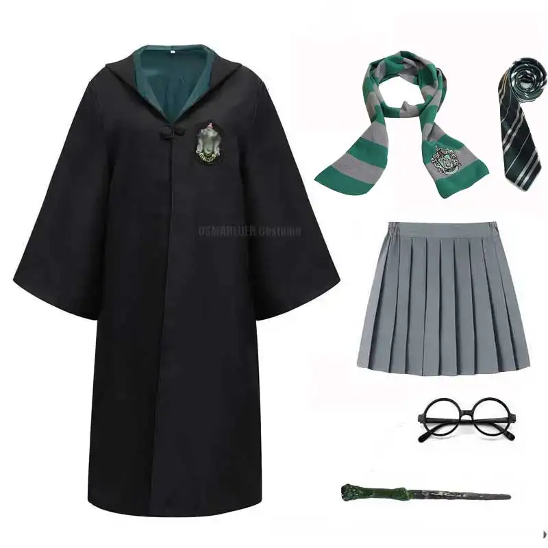 Unisex Slytherin Costume Magic Shool Robe Cape Sweater Dress Tie Glasses Witchcraft Cosplay Set Halloween Costume