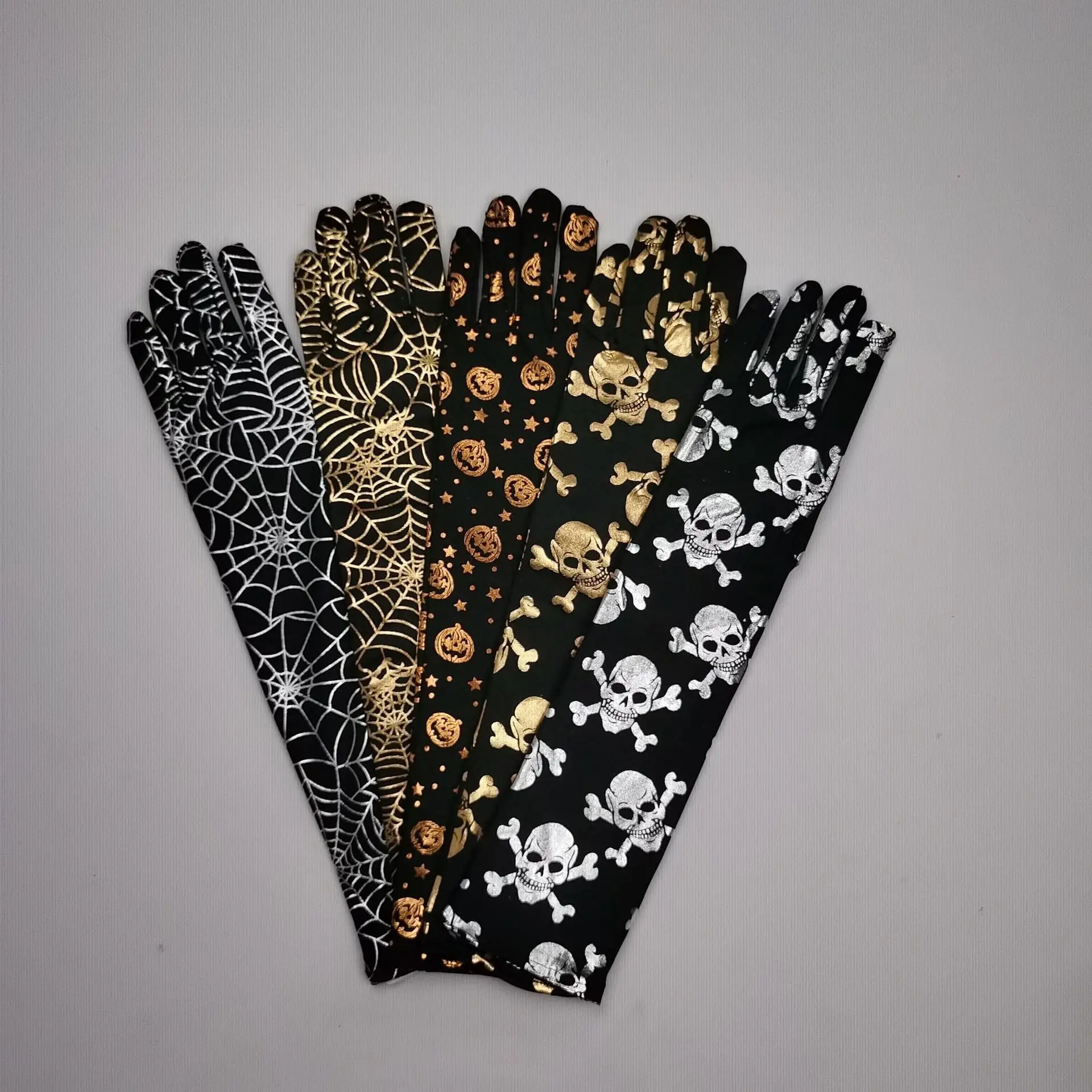 Grenzüberschreitende Handschuhe mit Totenkopf- und Spinnennetzmustern, lange Handschuhe aus Goldfolie für Halloween- und Ghost-Festival-Auftritte