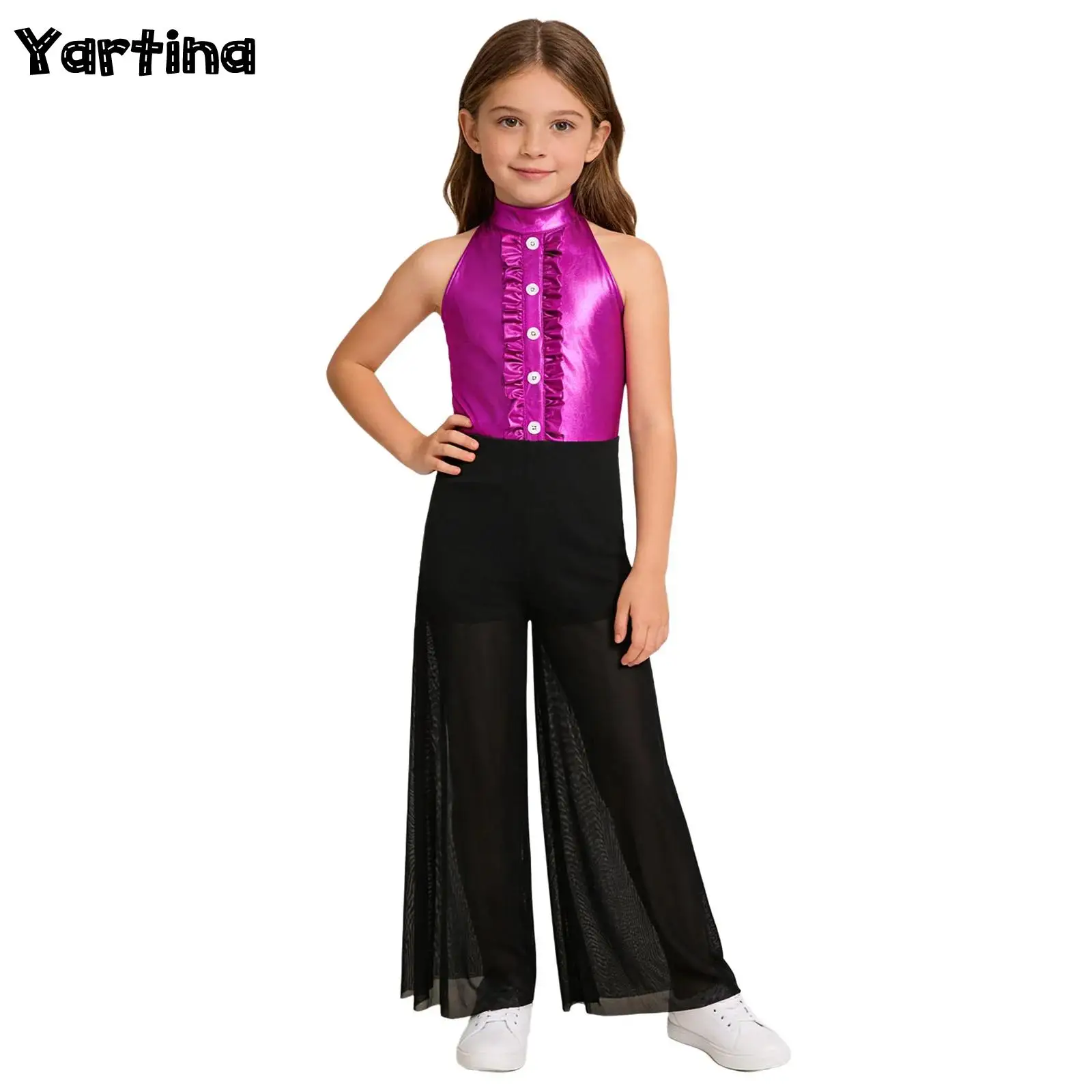 

Детский комбинезон для девочек в стиле хип-хоп и джаз, костюм для выступлений, с невидимой молнией сзади, оборками, металлическим лифом, сетчатыми широкими штанинами