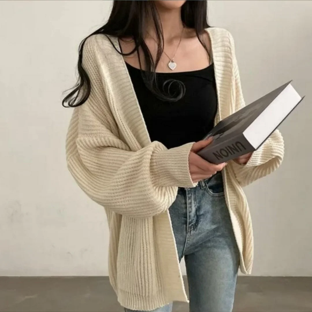 

Korean Sle Soft Sweater Cardigan Women's Spring Autumn Loose Top Knitted Outerwear Lazy Sle Long Sve V-Ne Regular Le...