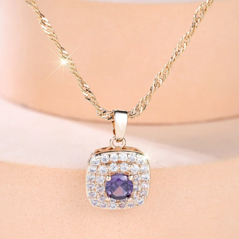 2026 New Fashionable Square Full Diamond Purple Zircon Edge Zircon Necklace with A Light Luxury and Exquisite Accessory Style