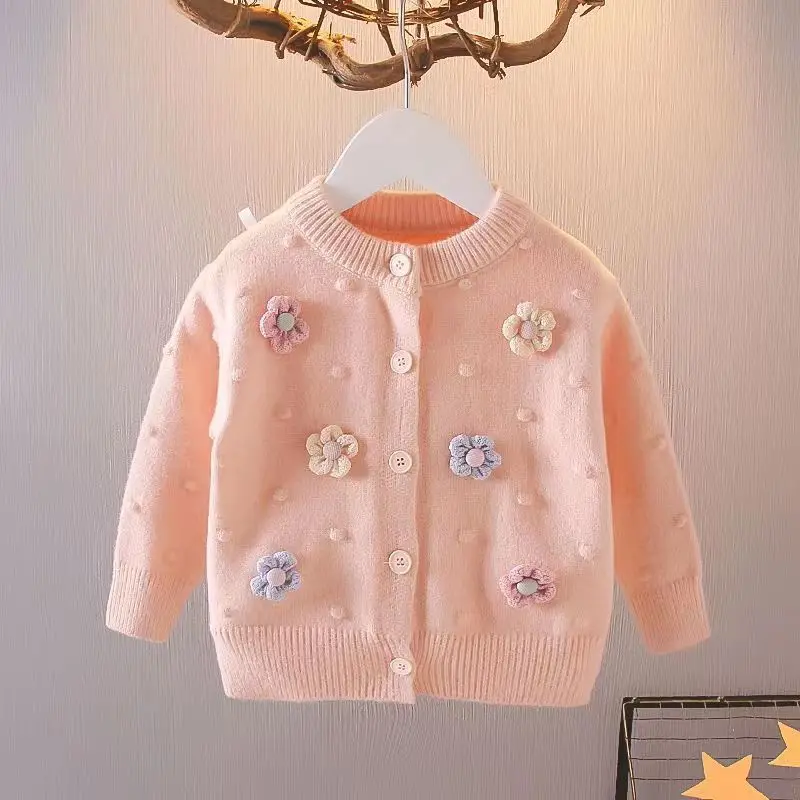 Kids Girls Sweater Korean Knitted Cardigan 2023 New Flower Autumn Top Children\'s Versatile Long Sleeve Coat 1 3 5 7T