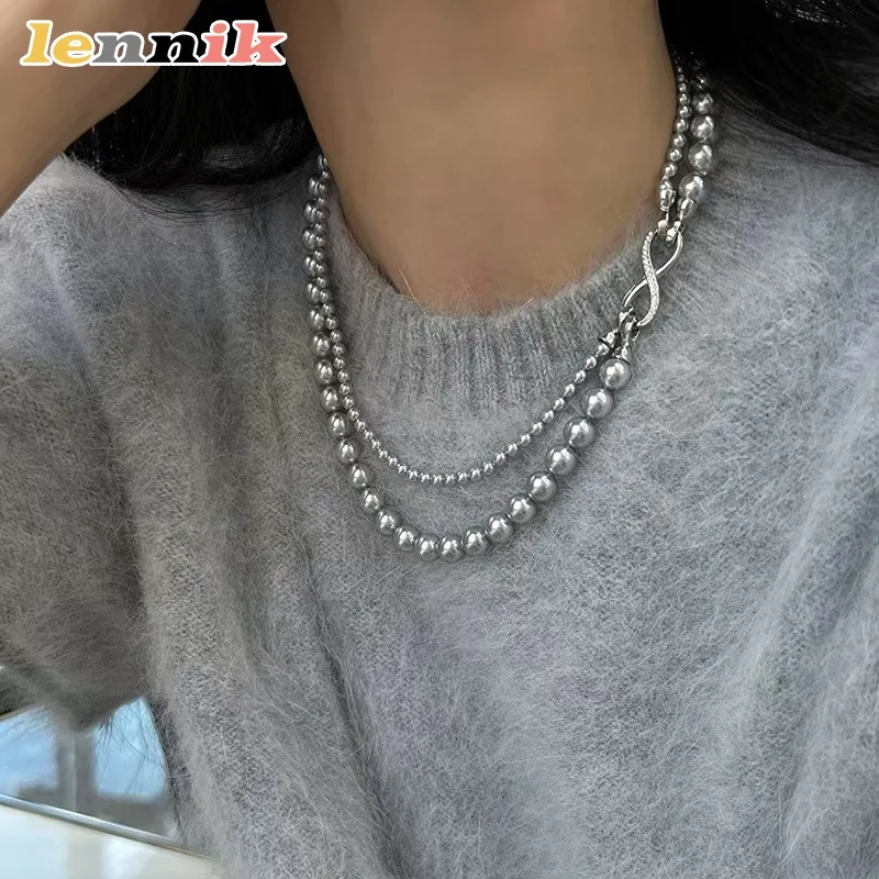 LENNIK إبزيم صغير مرصع بـ 8 أشكال بطبقات مزدوجة قابلة للفصل، قلادة من اللؤلؤ الاصطناعي باللون الرمادي متعدد الارتداء