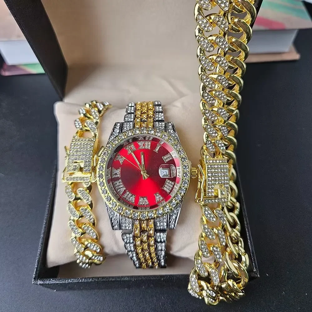 2024 Hot Selling Men Watch 3 PCS Set Hips Hops Cuban Chain Bracelet Big Gold Chains Choker Bling Necklace Full Iced Out Jewelry