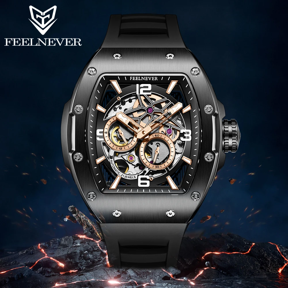 FeelNever Men Watch Brand Tonneau Automatic Mechanical Luminous Original Hollowing Out Movement Sapphire Independent Second Dial