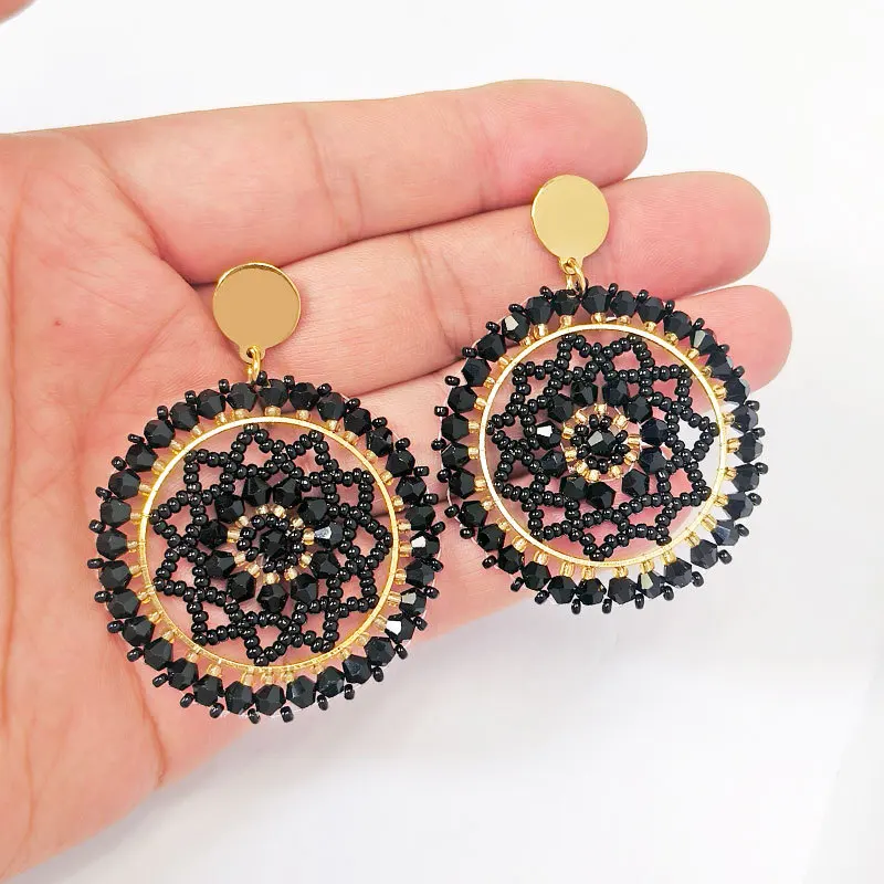 Beaded earrings Crystal Roundness Sunflower Hollow out Originality Hand knitting Bohemia Alloy Tide Simple Rice bead earrings