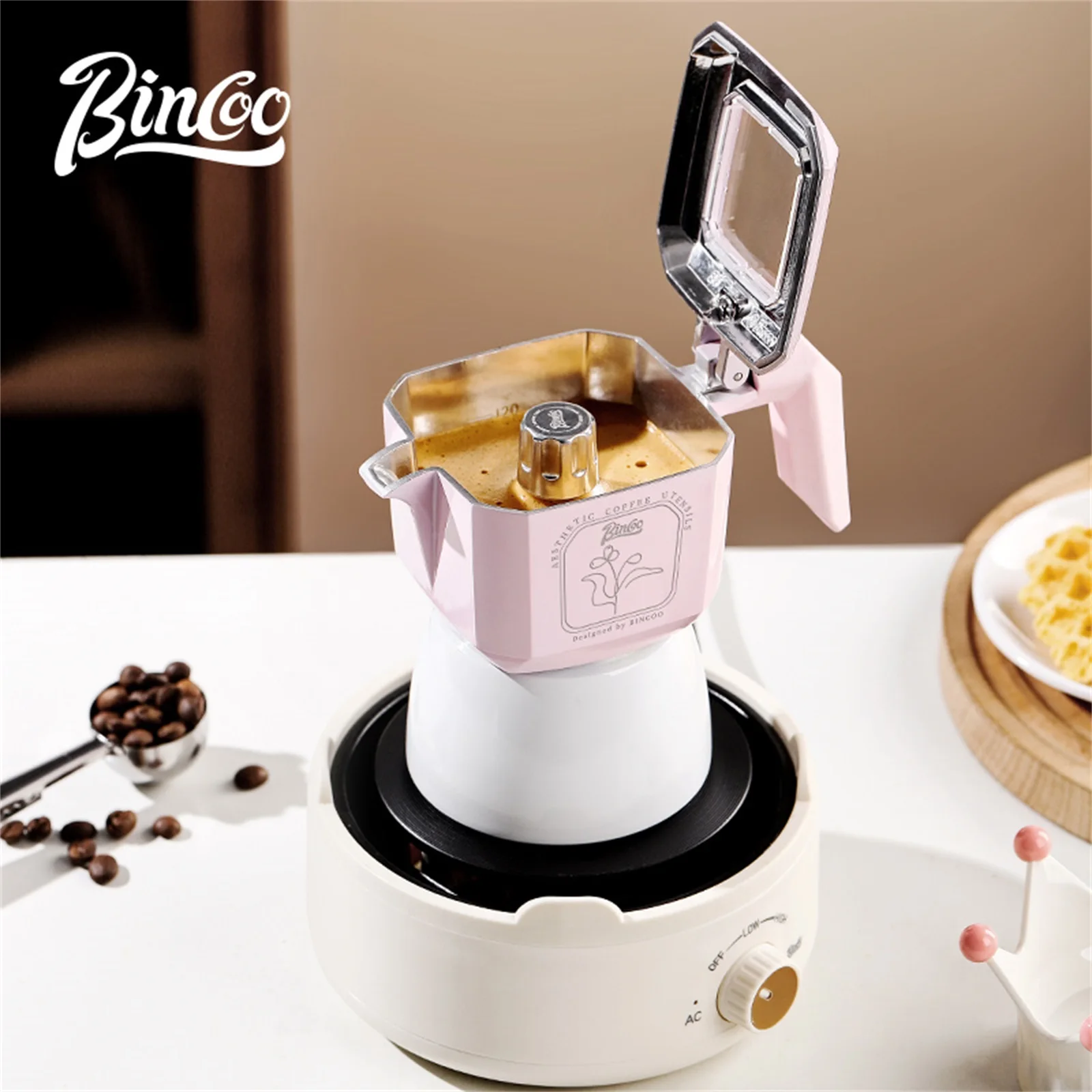 Bincoo 2 Servings Thermostatic Double Valve Moka Pot Espresso Extraction Coffee Pot Outdoor Coffee Pot Set Barista Accessories