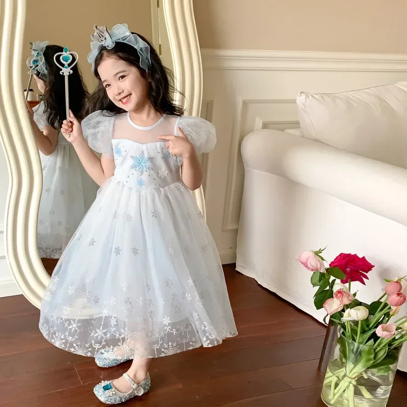 Toddler Baby Girls Ice Blue Dress for Kids Cosplay Princess Vestido Outfit Snow Flakes Cartoon Puff Sleeve Costume