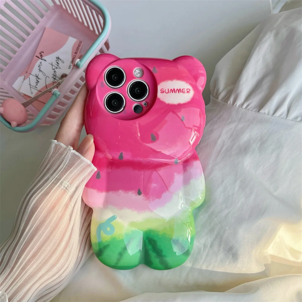 Korean Cute Watermelon Bear Phone Case For iPhone 15 14 13 12 11 Pro Max Plus Lovely Shockproof Protective Soft Cover Funda