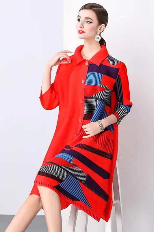 Miyake Pleated Oversize Draped Dress Women Lapel Print Loose Large Size Fat Thin Single-breasted Cardigan Dresses 2024 Autumn