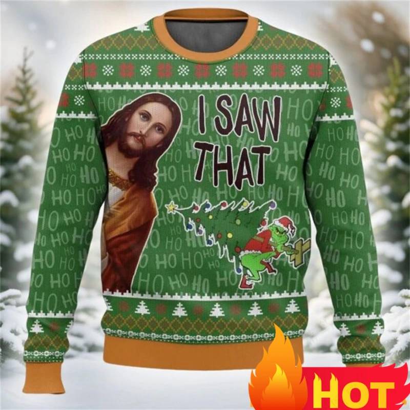 Funny Men Sweater 3D Jesus Printed Christmas Party Sweatshirt Christmas Sweater Men Casual Crew Neck Long Sleeve Pullover Top