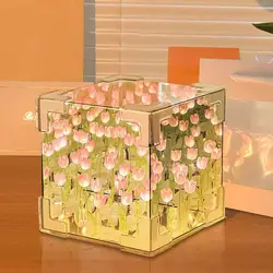 DIY Tulip Mirror Cube Lamp Simulation Flower Bedroom Sleeping Table Lamp Handmade Craft Tulips Mirror Night Light Birthday Gifts