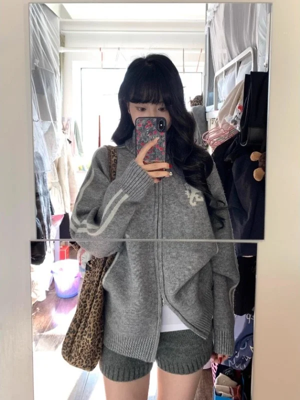 

plus Size Women's American Retro round Ne Zipper Sweater Open Cardigan Loose Knitted Outerwear Autumn Winter College Sle