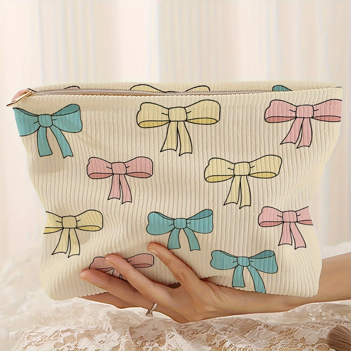 Colorful Bow Pattern Printed Corduroy Zipper Storage Bag, Lightweight Makeup Bag, Multi-Functional Wash Bag
