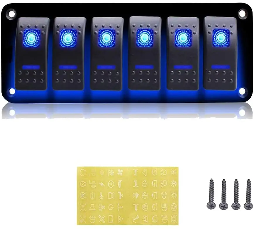 

Universal 6 Gang Rocker Switch Panel 12V24V Blue Dual LED Waterproof Control Panel for Marine RV Truck Car