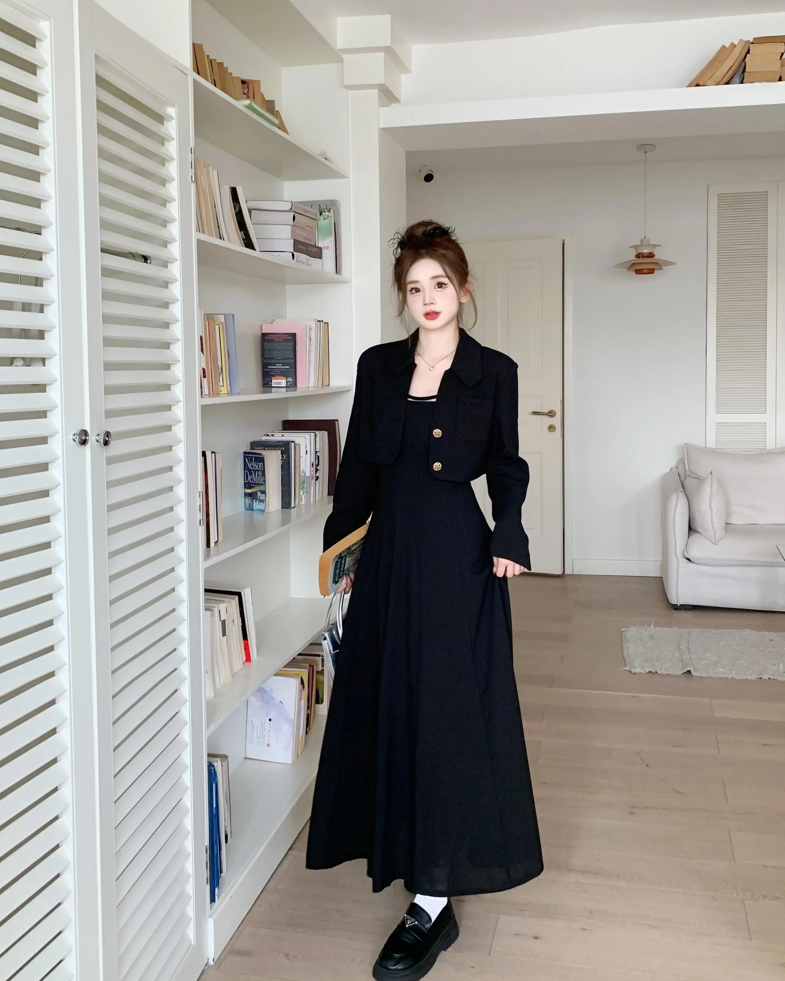 Women\'s Small Fragrant Style Short Woolen Blazer Suspender Skirt Set French Solid Color Woolen Coat A-line Dress Two-piece Set