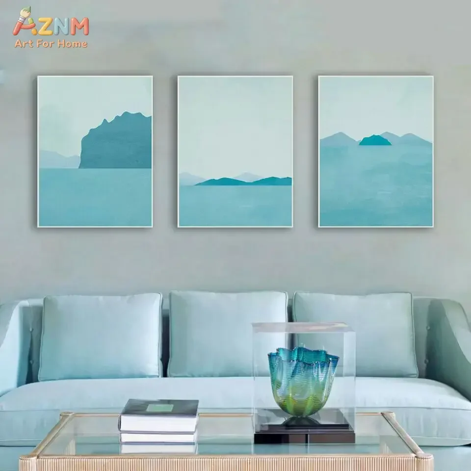 AZNM Teal Blue Minimalist Mountain Sea Canvas Wall Art, Abstract Ocean Landscape Print, Simple Nordic Lake Island Poster for Liv