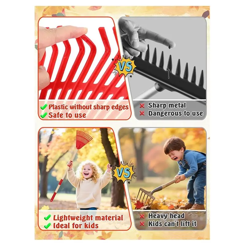مقبض خشبي على الطراز الساخن لعام 2025، مشط للحديقة - 34 بوصة، قطعتان من أدوات الأطفال الخفيفة البلاستيكية الآمنة للاستخدام في أدوات ساحة الأطفال للأوراق