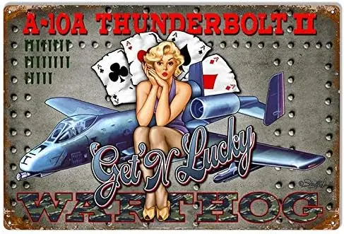 Airplane Get N Lucky Pin Up Girl Vintage Retro Tin Sign Wall Decor Metal Poster Bar Plaque Pub 8X12inch sign