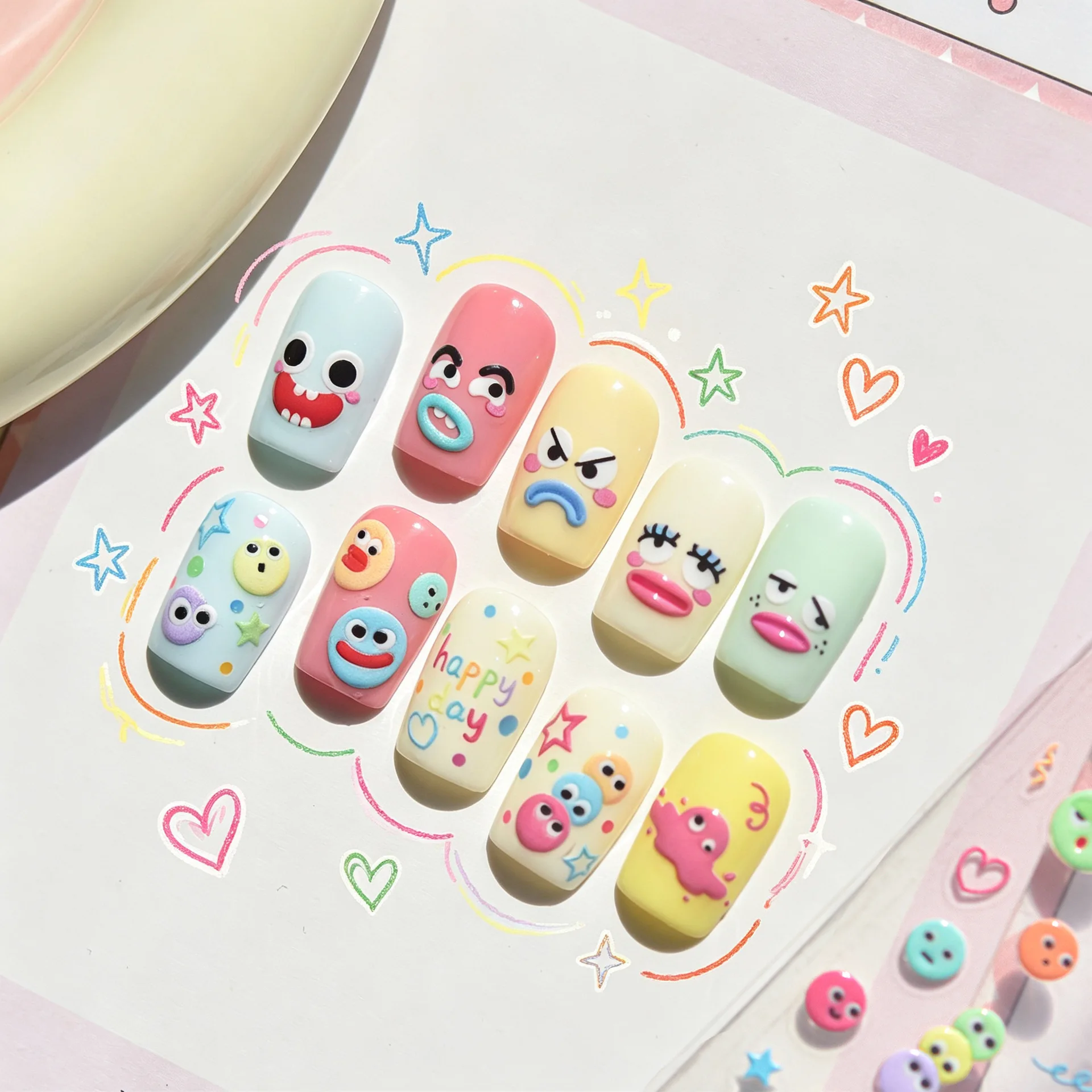 5D Funny Expression Nail Decals INS Cute Color Cartoon Face Feature Surprised Grinning Blink Pattern Self-adhesive Nail Sticker
