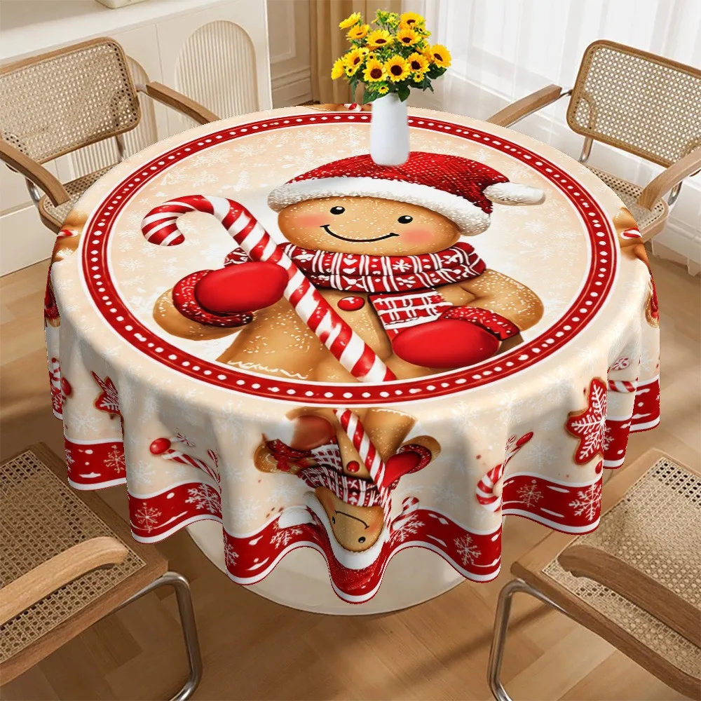 1Pc round table cloth, Christmas-themed style, cute gingerbread man and holiday element printed tablecloth, suitable for kitchen