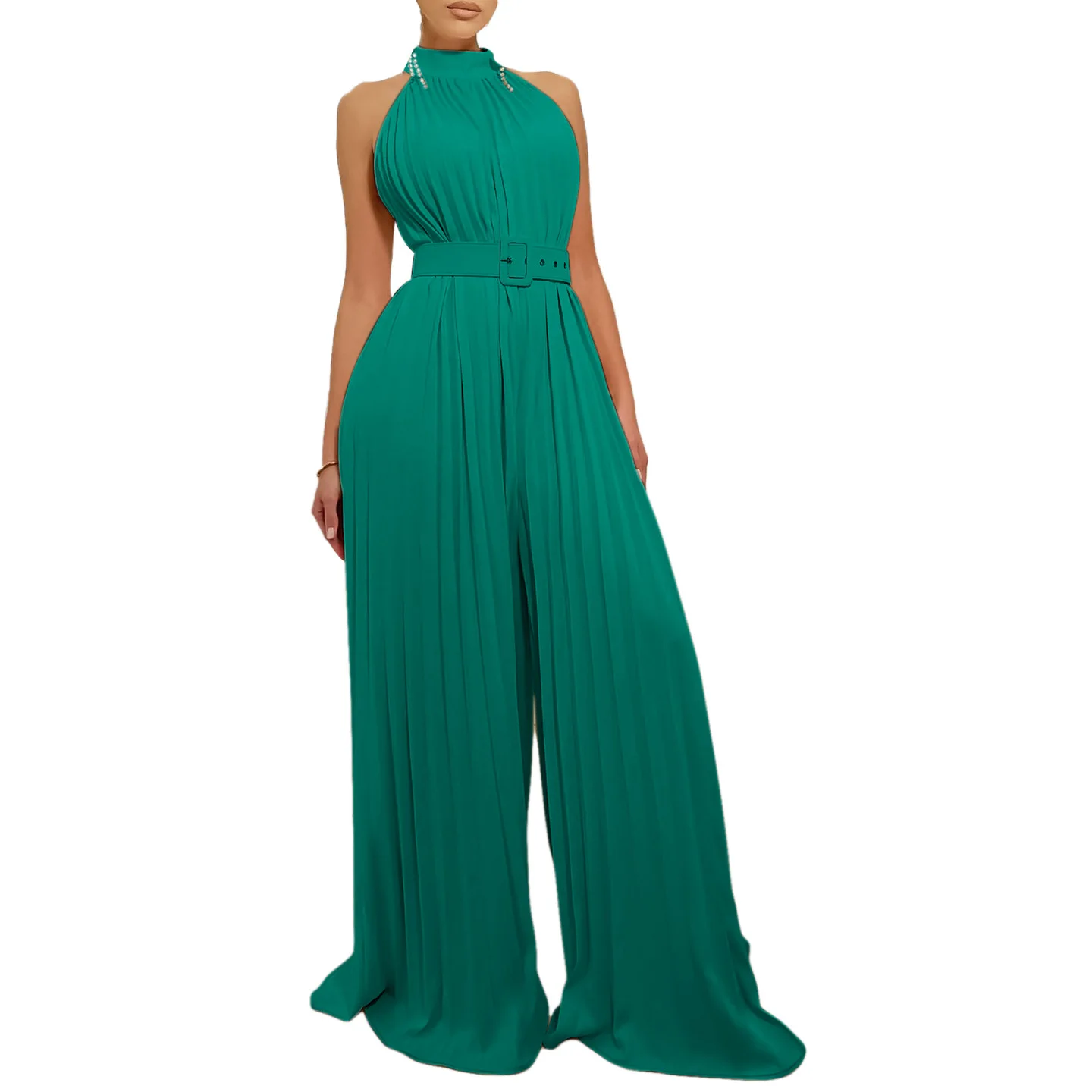 Jump Suits for Women Temperament Solid Color Sleeveless Sexy Wide-leg Pleated Wide-leg Jumpsuit Casual Pants Jumpsuit Women