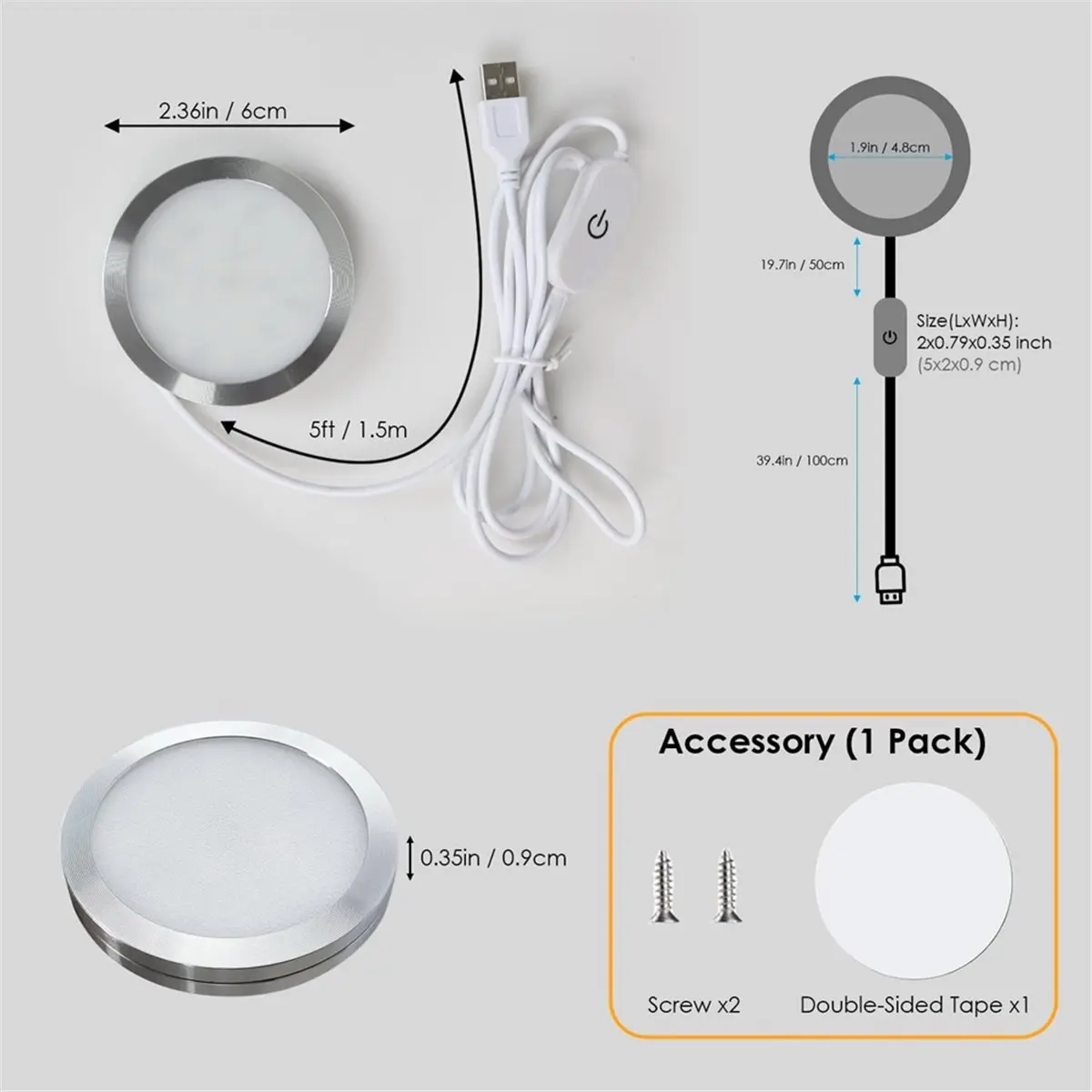 (B63C) Single Under Cabinet LED Puck Lights Plug in, 3D Printer LED Lamp Kit 001 DIY USB Powered 5V Dimmable Touch Switch