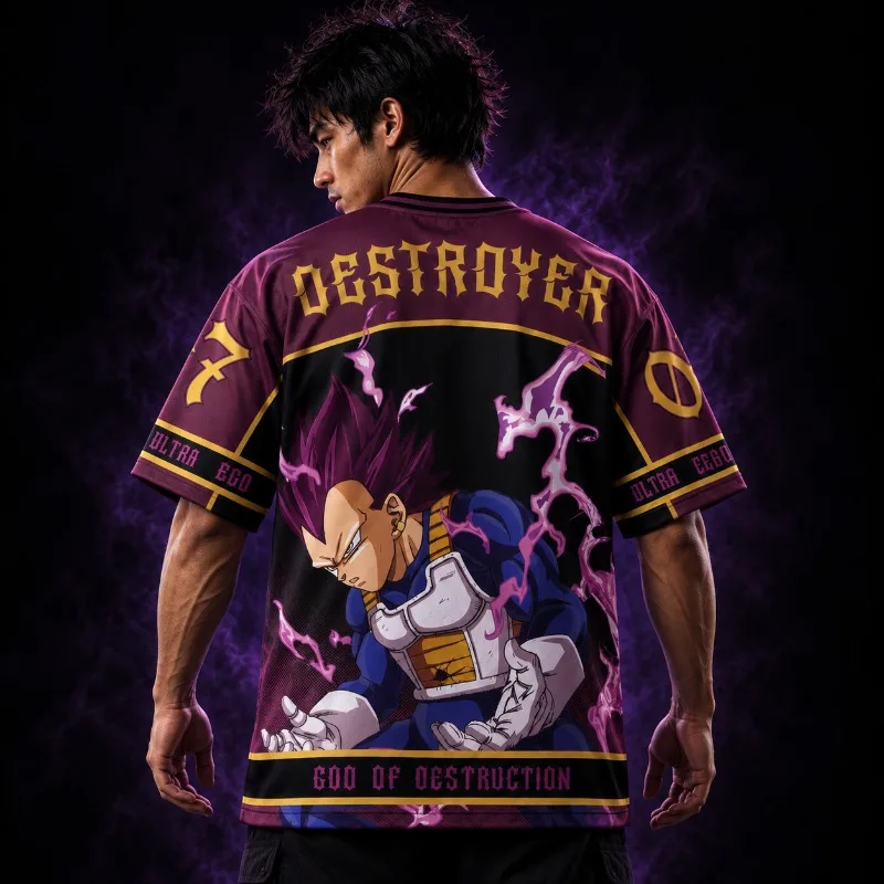 Anime Destroyer Warrior Full Sublimation Mesh Jersey, Unisex Oversized Purple Gold Graphic Sport Tee