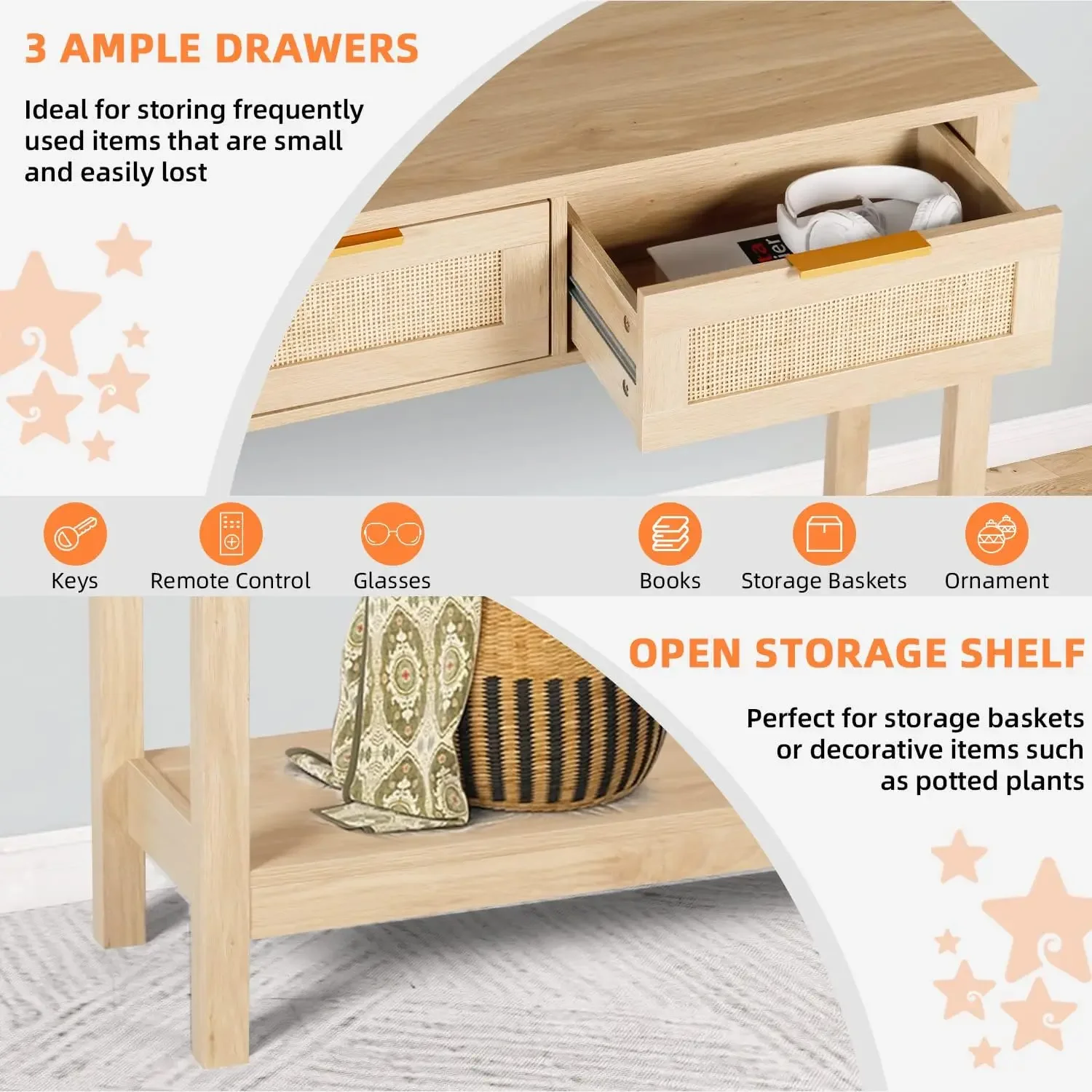 Rattan Console Table Entryway Table Narrow Long Sofa Hallway Foyer Table Behind Couch with 3 Drawers