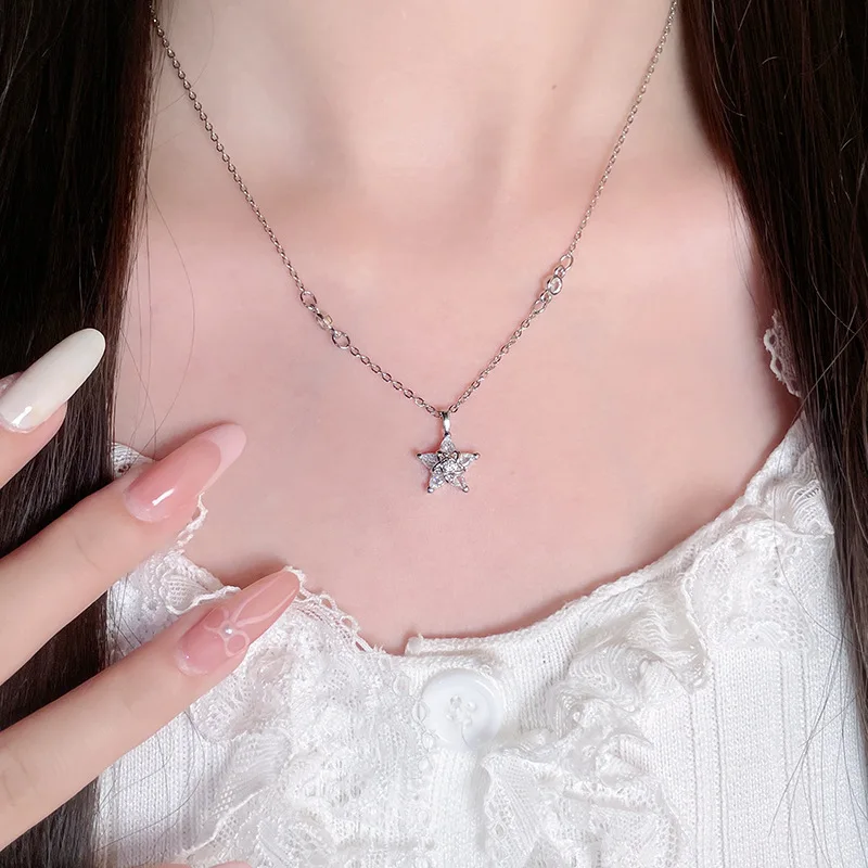 Original Design 925 Sterling Silber Symmetrie Zirkon fünfzackigen Stern Anhänger Halskette für Frauen Schlüsselbein Kette Schmuck Geschenke