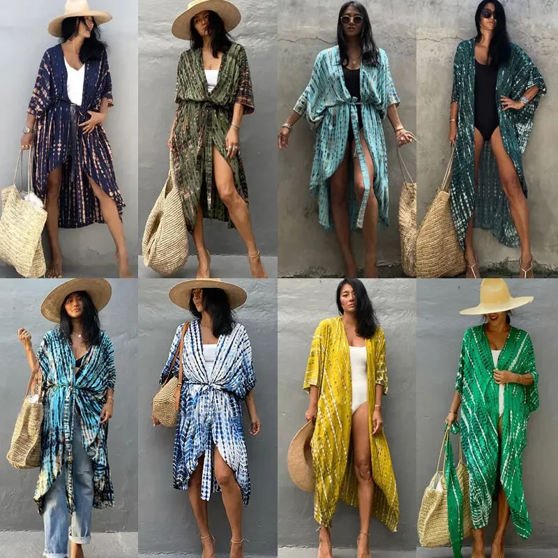 Pantai Cover up untuk pakaian renang wanita hitam Tie Dye Kimono baju renang Cape musim panas gaun 2023 pakaian Beachwear kebesaran longgar