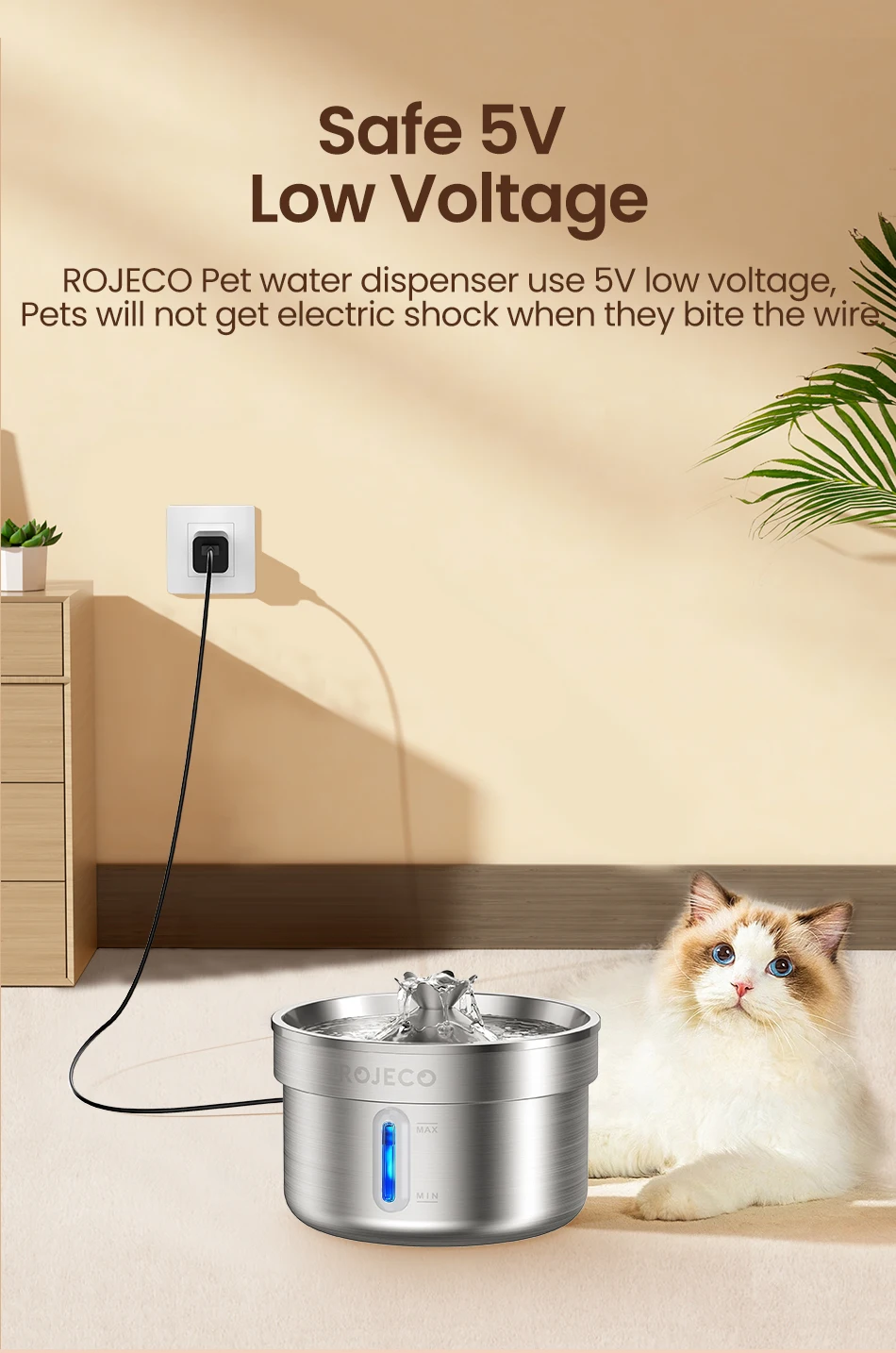 ROJECO Edelstahl-Trinkbrunnen für Haustiere, automatischer Katzen-Wasserbrunnen, intelligenter Wasserspender für Haustiere mit Pumpe für Hunde und Katzen – Detail 12