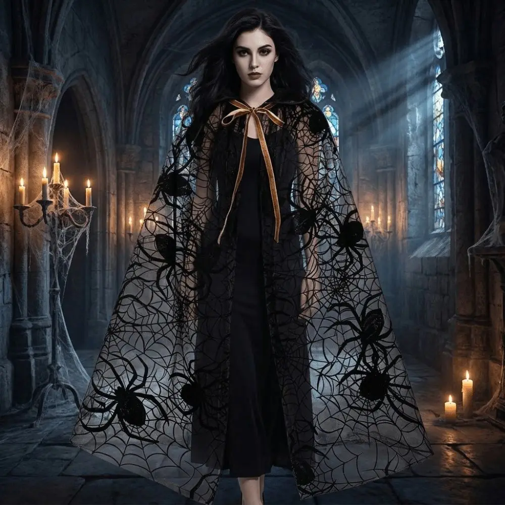 Gothic Style Lightweight Halloween Hooded Cape Semi-transparent Black Spider Web Mesh Cardigan Creative Bat Long Cloak Costume