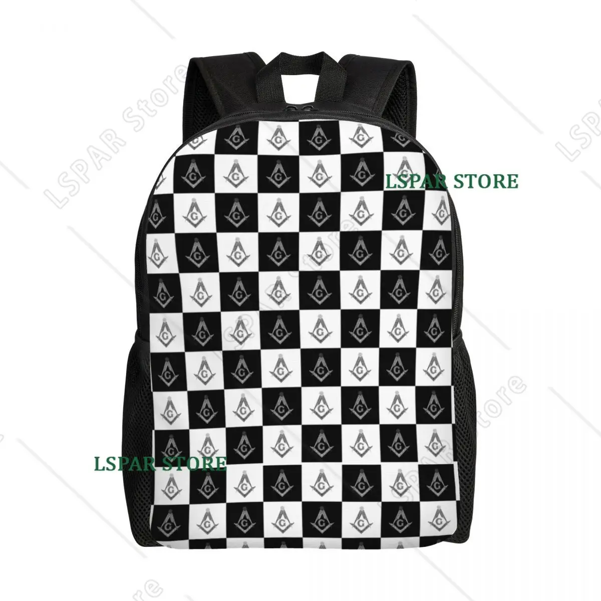 

Custom Freemason Checkered Black and White Pattern Backpacks Waterproof School College Masonic Mason Bag Print Bookbags
