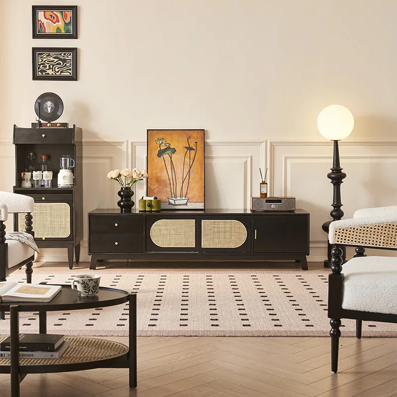 

Solid wood TV cabinet living room high-end small apartment Nordic rattan wall side cabinet TV cabinet combination