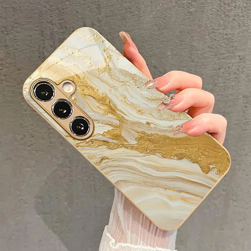 Golden marble textured glass phone case suitable for Samsung Galaxy S26 S25 S24 S23 S22 S20 FE/Ultra/Plus anti drop back cover