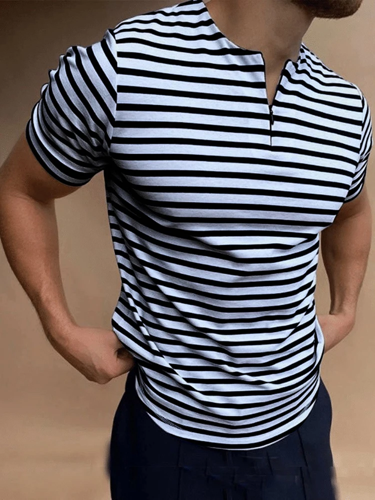 Casual Mens Striped T-shirts Summer Slim Fit Short Sleeve Pullover Tops 2022 New Fashion Zipper O-Neck Tee Shirts Men Streetwear