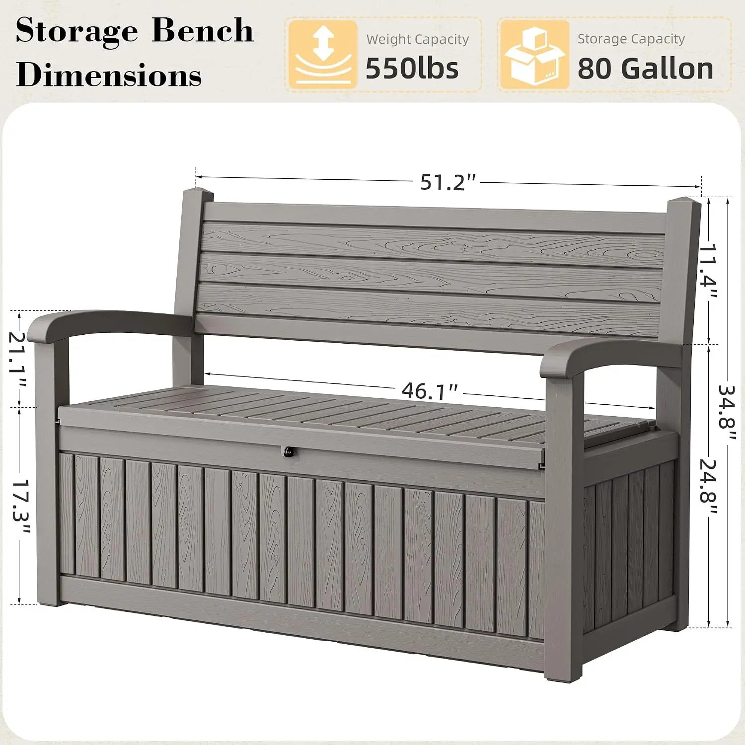 80 Gallon Resin Outdoor Storage Bench Deck Box, Waterproof All‑Weather Patio Bench with Hidden Storage for Backyard and Garden, Grey