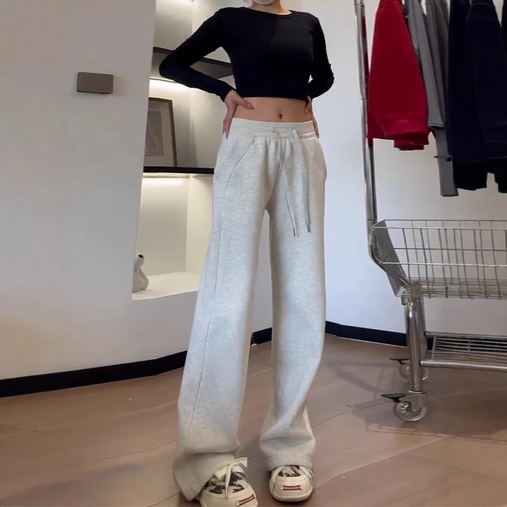 السراويل الرياضية النسائية 2025 الخريف الشتاء المرأة صوف مبطن Sweatpants مستقيم الساق فضفاض سليم المناسب عادية بنطال ذو قصة أرجل واسعة