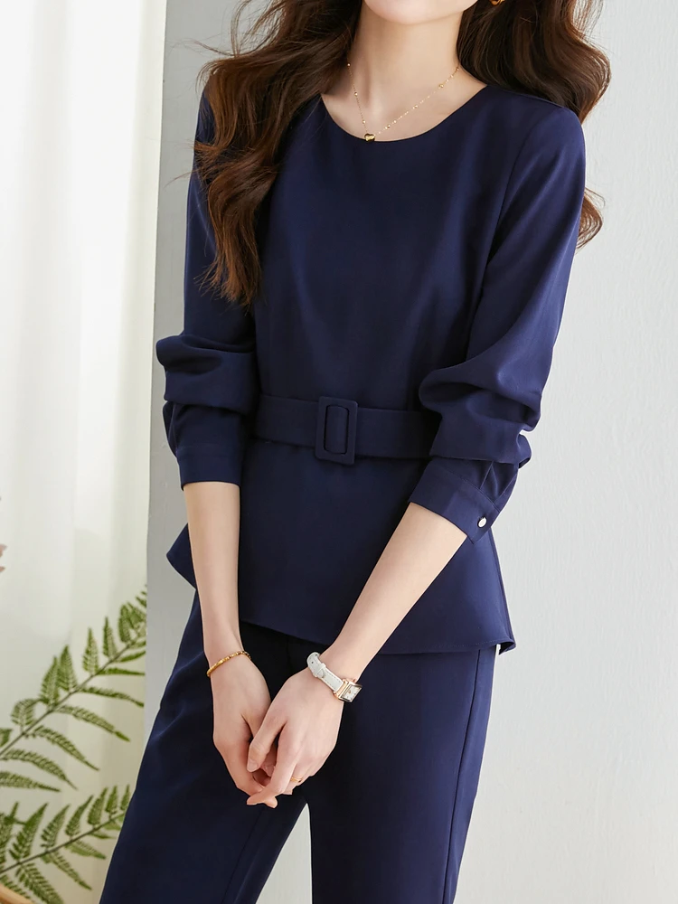 VIMLY Elegant Solid 2 Piece Sets Women Outfit 2023 Early Spring Office Ladies Fashion Belt Long Sleeve Tops Pant Matching Set