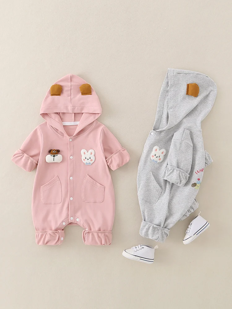 Primavera casual terno de uma peça para meninos do bebê com chapéu única camada de algodão confortável respirável roupas para bebês adere