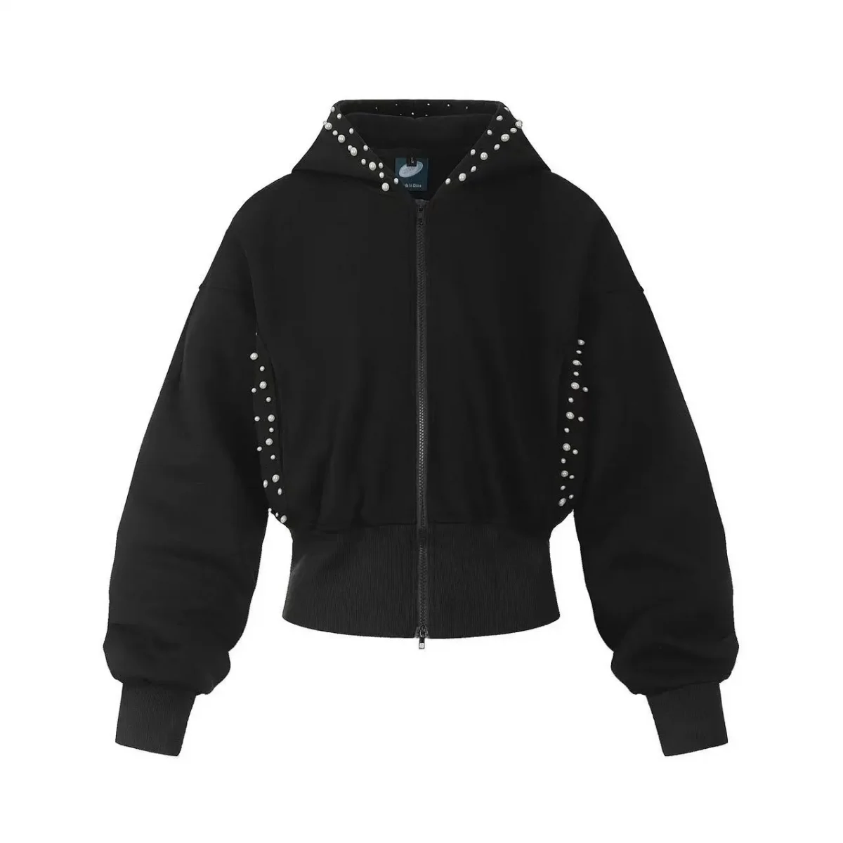 Pearl Black Hooded Sweatshirt, Loose and Versatile Short Cardigan Jacket