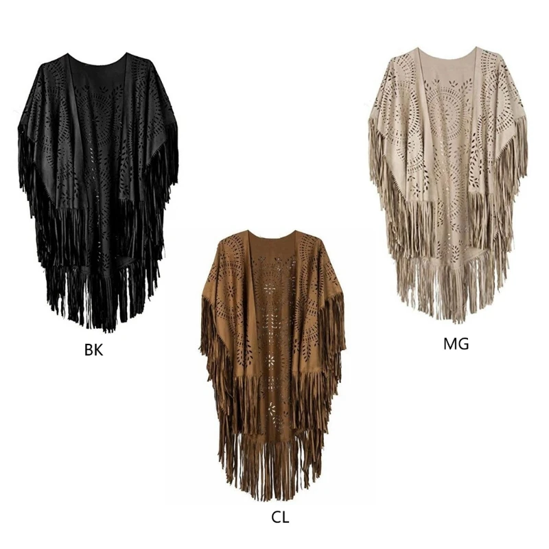 

Women Tassels Vest Hippie Faux Suede Sleeveless Fringe Jackets Outwear Hollow Open Front Cardigan Streetwear