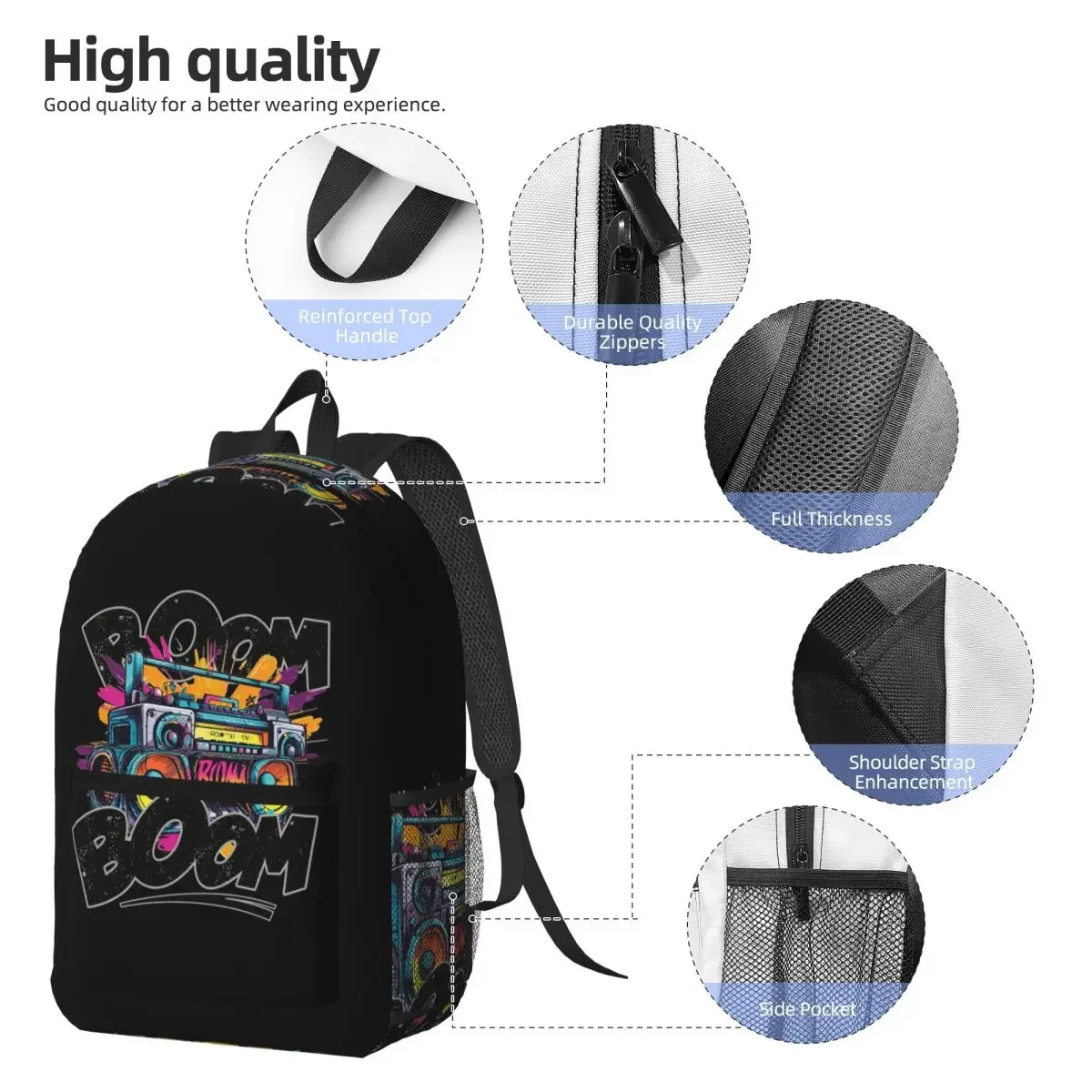 Retro Boombox For Music Recording Backpack Daypack Large Capacity Boys Girls BookBag School Bag Shoulder Bags for Men Women