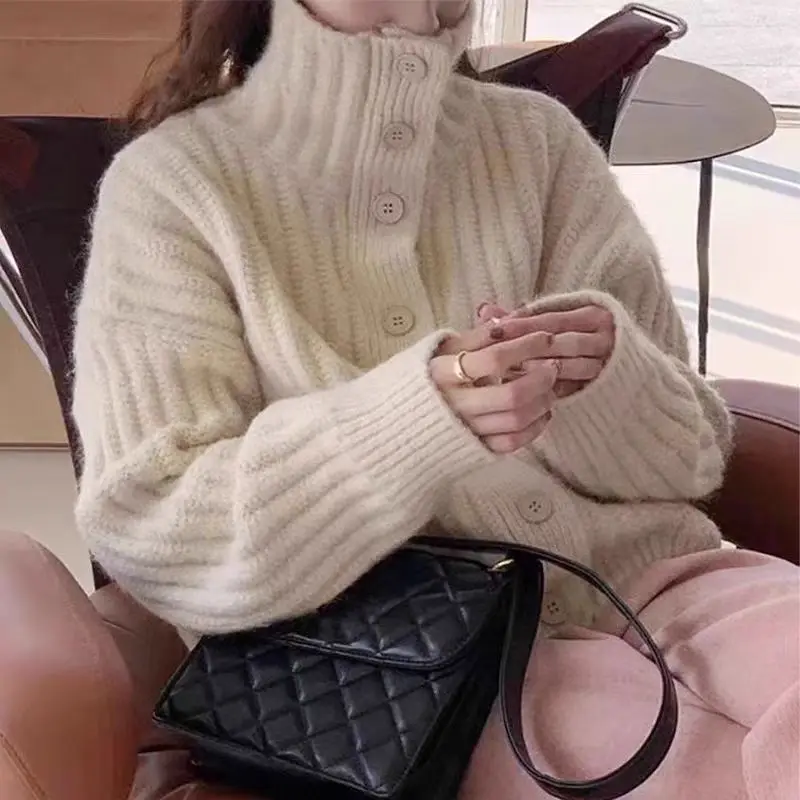 Winter Turtleneck Single-breasted Thick-thread Knitted Cardigan Loose and Simple Lazy Wind Thickened Sweater Women
