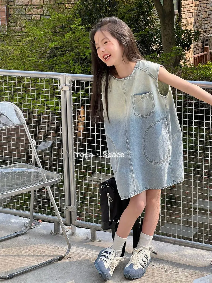 

Girls Skirt 2025 Summer New Childrens Clothing Korean Style Girl Baby Gradient Color Loose Jeans Sleeveless Dress Casual Simple