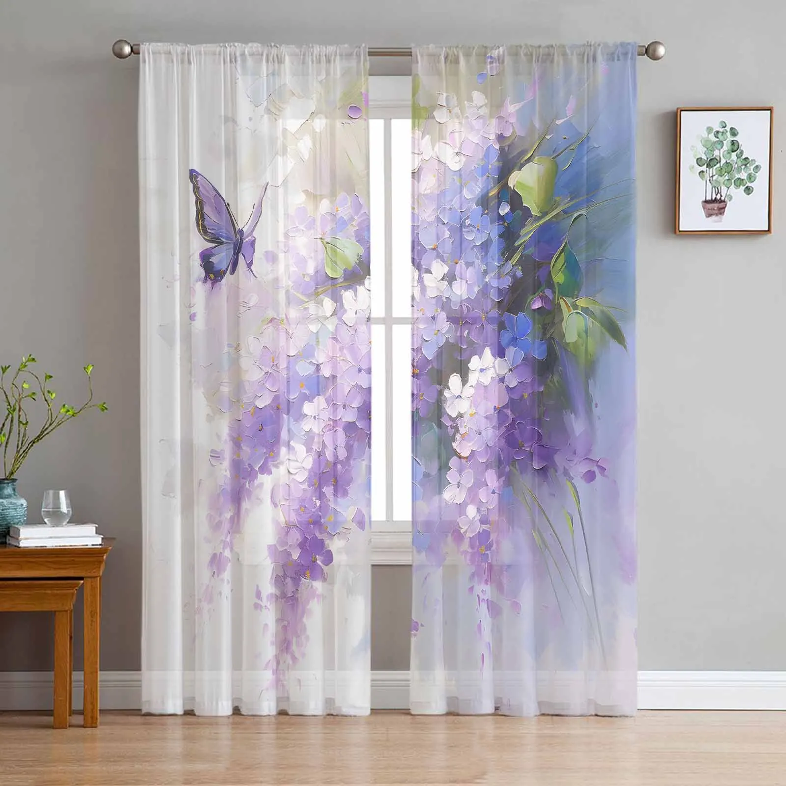 

Oil Painting Purple Lavender Butterfly Sheer Curtains for Living Room Tulle Window Curtain Luxury Home Balcony Decor Drapes